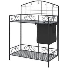 Folding Potting Bench Table, Metal Garden Workstation, Work Bench with Large Build-In Bag with Cover, 5 Hanging Hooks & Storage Shelf, Flourishes