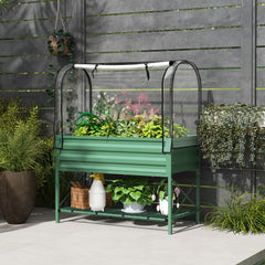 Raised Garden Bed with Legs and Cover, Metal Elevated Planter Box with Bottom Shelf and Liner for Vegetables, Green