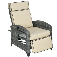 Outdoor Recliner Chair with Cushions, Reclining Patio Lounge Chair with Adjustable Footrest, Armrests, Tray Table, Khaki