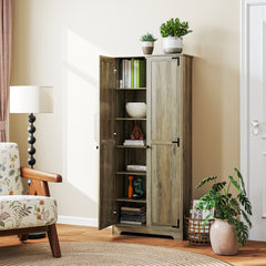 72" Farmhouse Pantry Cabinet, Freestanding Food Pantry Cabinet with Adjustable Shelves, Distressed Gray
