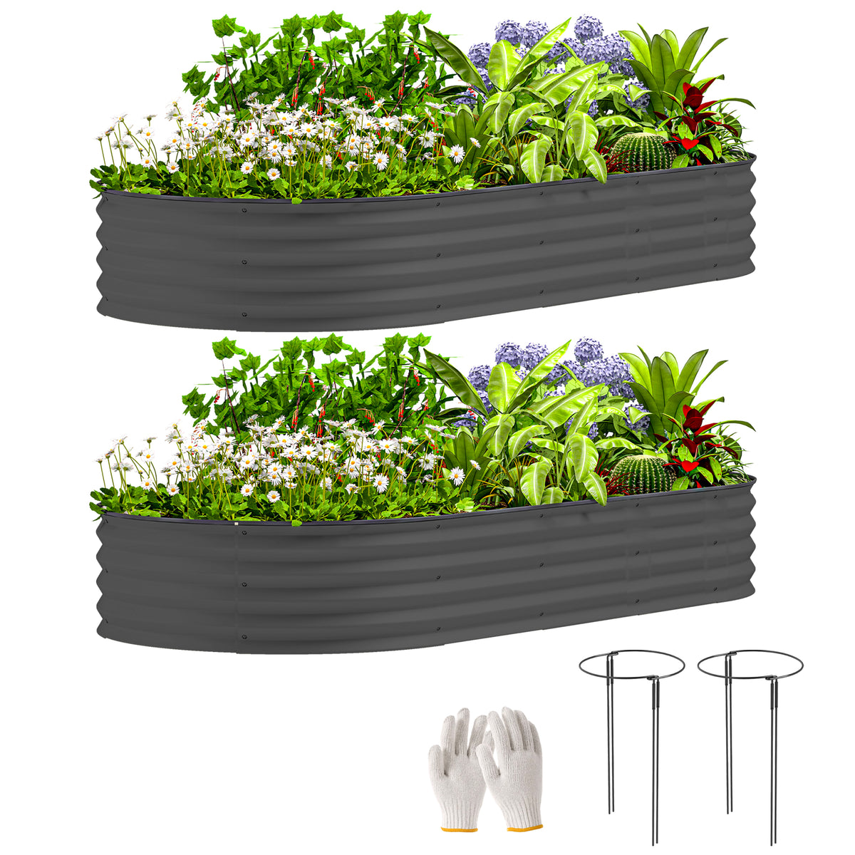 7' x 3' x 1' Raised Garden Bed Set, 2PCS Raised Beds for Gardening with Metal Plant Stakes, Dark Gray