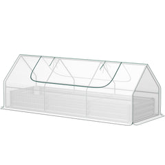 8.6 x 3 x 1ft Raised Garden Bed with Mini Greenhouse, Galvanized Raised Garden Bed with Cover for Herbs and Vegetables, Small Greenhouse for Patio Garden Balcony, White and Silver