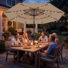 9.7 ft Outdoor Patio Umbrella with Solar LED Lights, 3 Tier Outdoor Table Umbrella with Tilt, Crank, Khaki