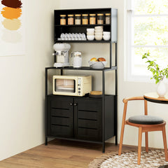 Baker's Rack with Power Outlet and Storage Shelves, Microwave Stand with Louvred Door Cabinets, Black