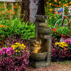 Outdoor Fountain with 4-Tier Stacked Stone Look Bowls, Cascading Waterfall, Adjustable Flow & LED Lights, Gray
