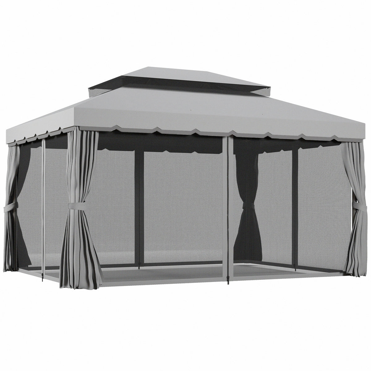 10' x 13' Patio Gazebo w/ Aluminum Frame Double Roof, Outdoor Gazebo Canopy Shelter with Netting & Curtains, Gray
