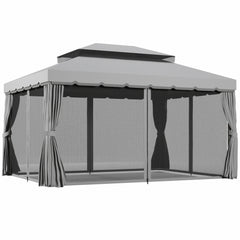 10' x 13' Patio Gazebo w/ Aluminum Frame Double Roof, Outdoor Gazebo Canopy Shelter with Netting & Curtains, Gray
