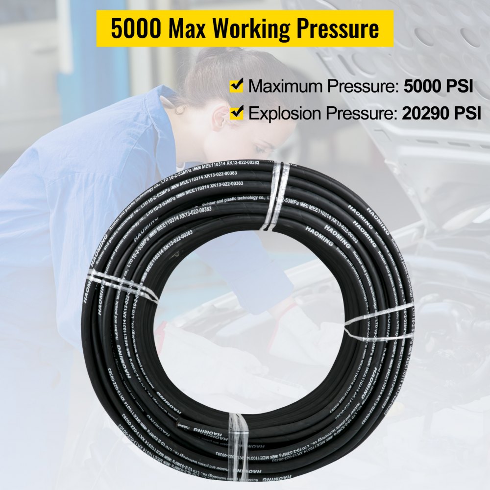 Bostome 3/8" hydraulic hose in black with steel wire braid, 328ft long and 5000 PSI rated.