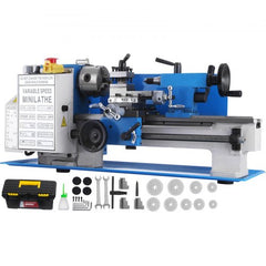 Bostome 7x12 mini metal lathe with a 400W motor and variable speed control up to 2250 RPM.