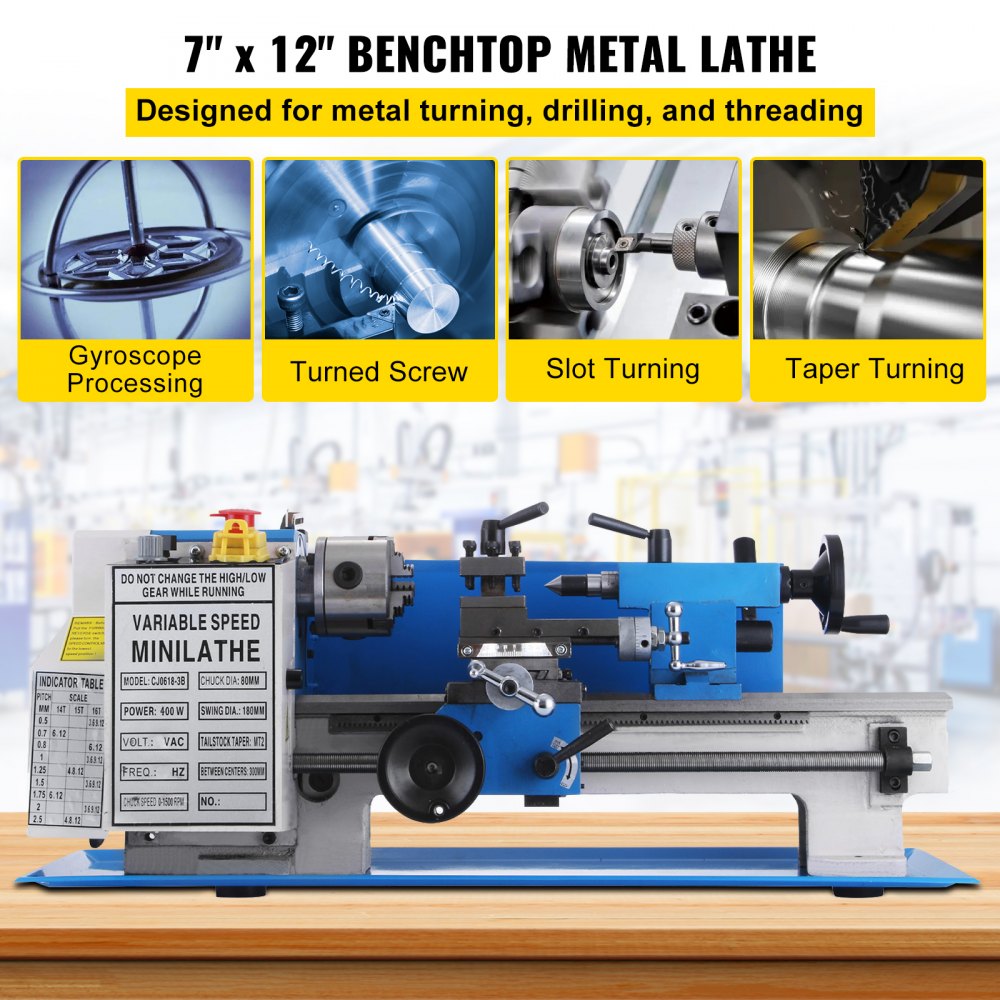 Bostome 7x12 mini metal lathe with a 400W motor and variable speed up to 2250 RPM.