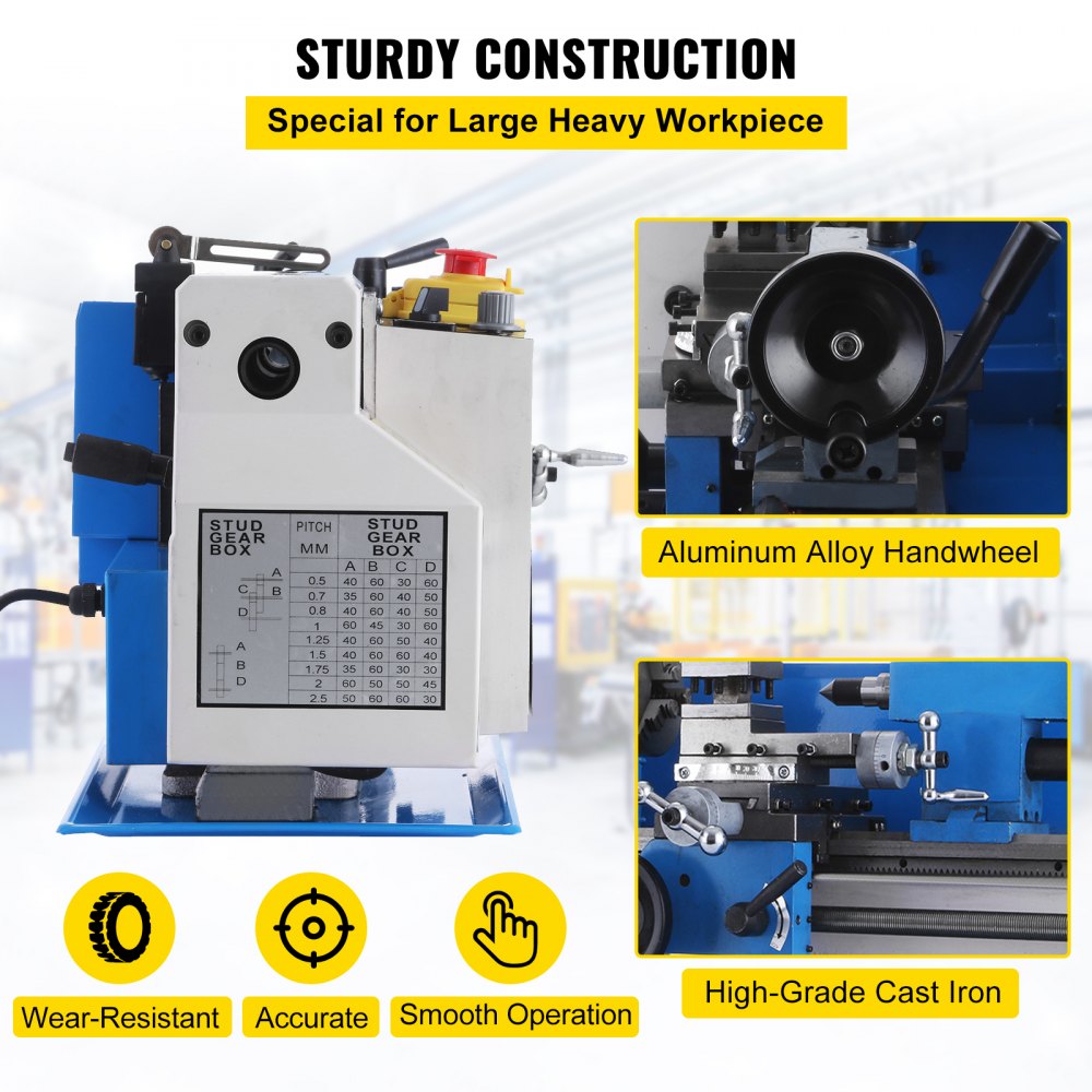 Bostome 7x12 mini metal lathe with a 400W motor and variable speed up to 2250 RPM.