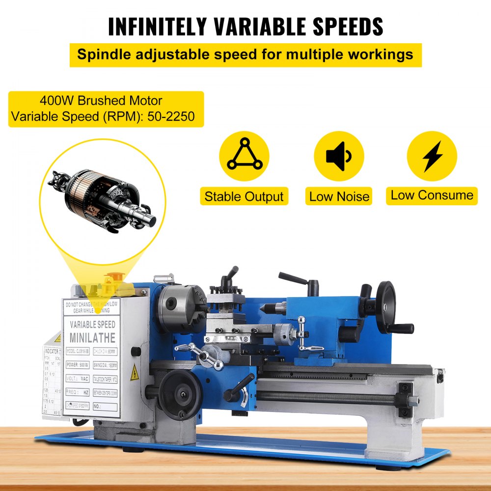 Bostome 7x12 mini metal lathe with a 400W motor and variable speed up to 2250 RPM.