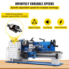 Bostome 7x12 mini metal lathe with a 400W motor and variable speed up to 2250 RPM.