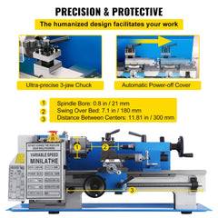 Bostome 7x12 mini metal lathe with a sturdy iron construction and variable speed control.