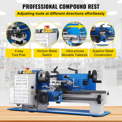 Bostome 7x12 mini metal lathe with a 400W motor and variable speed up to 2250 RPM.