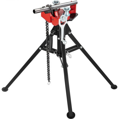 Red tripod pipe chain vise with 36.4-inch chain and black legs for 1/8-5 inch pipes.