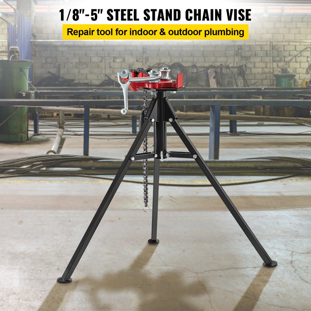 Tripod pipe chain vise with 1/8"-5" capacity and 36.4" chain on steel stand.