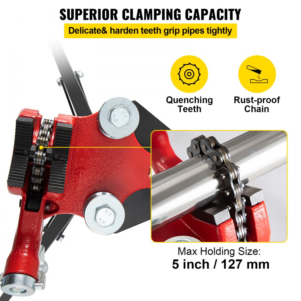 Red tripod pipe chain vise with 36.4-inch chain for holding pipes up to 5 inches.