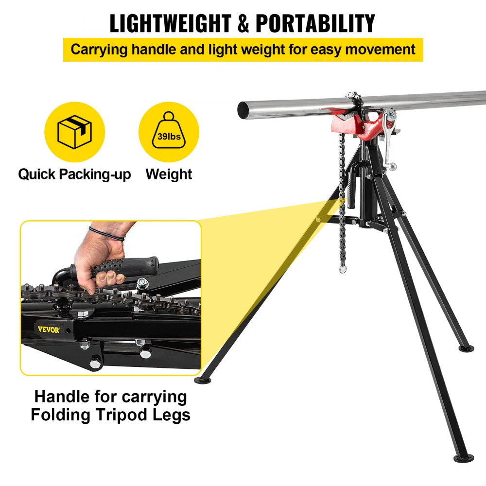 Foldable tripod pipe chain vise with 36.4-inch chain, carrying handle, and lightweight design for portability.