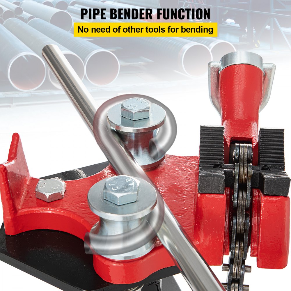Red tripod pipe chain vise with 36.4-inch chain and integrated benders for 1/8-5 inch pipes.