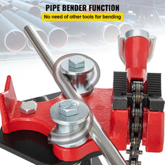 Red tripod pipe chain vise with 36.4-inch chain and integrated benders for 1/8-5 inch pipes.