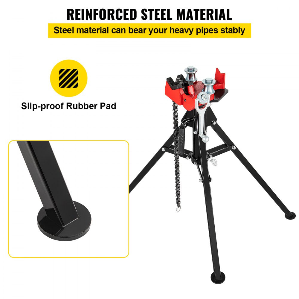 Tripod pipe chain vise with reinforced steel frame, slip-proof rubber pads, and 36.4-inch chain for 1/8-5 inch pipes.