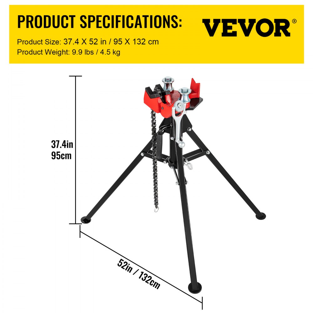 Bostome tripod pipe chain vise with 1/8"-5" capacity and 36.4" chain, shown with dimensions.