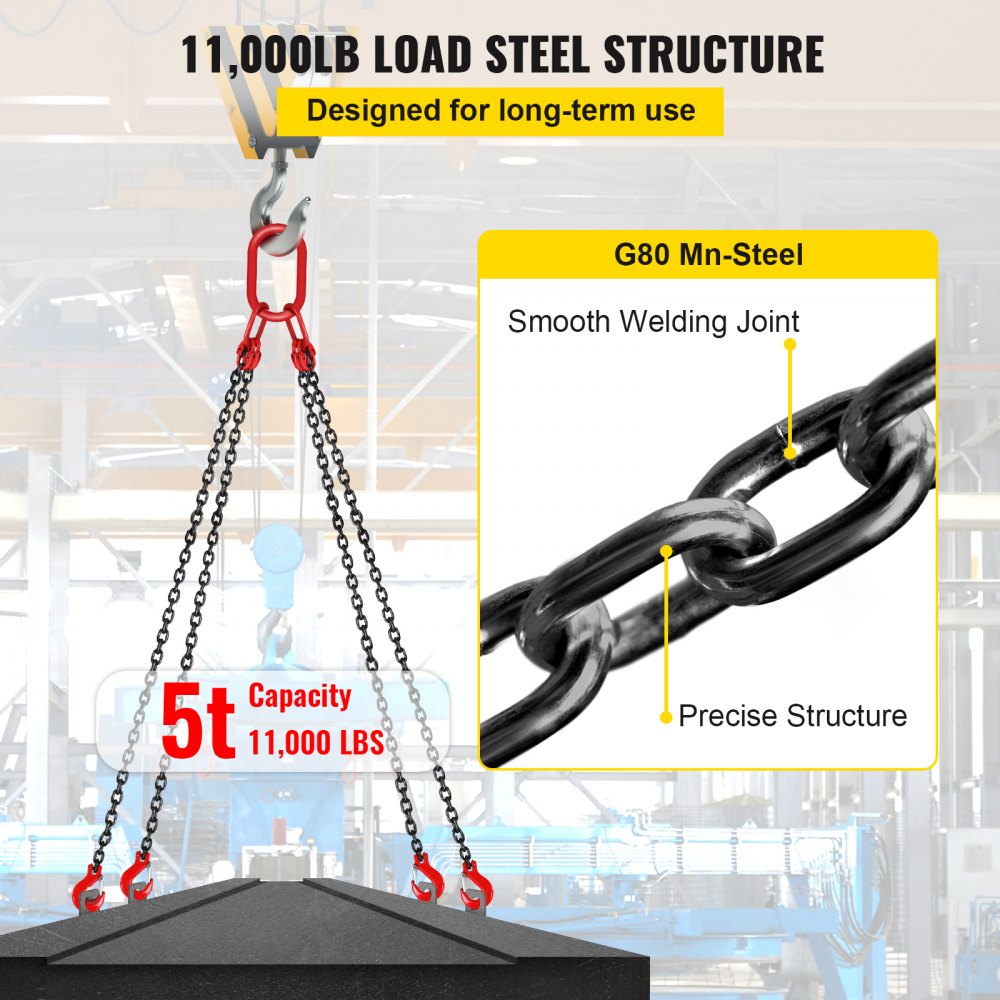 5Ft Chain Sling 5/16 Inch X 5 Ft Engine Lift Chain G80 Alloy Steel Engine Chain Hoist Lifts 3 Ton with 4 Leg Grab Hooks