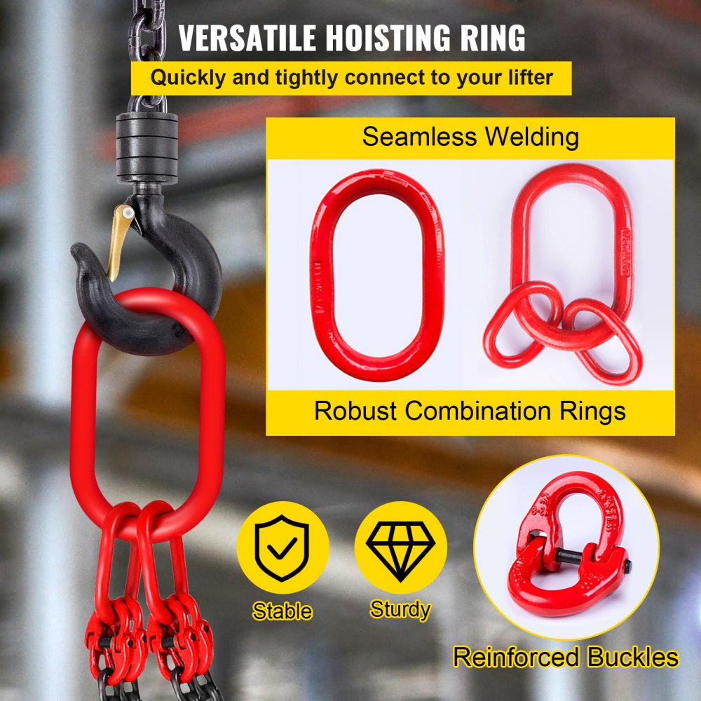 5Ft Chain Sling 5/16 Inch X 5 Ft Engine Lift Chain G80 Alloy Steel Engine Chain Hoist Lifts 3 Ton with 4 Leg Grab Hooks