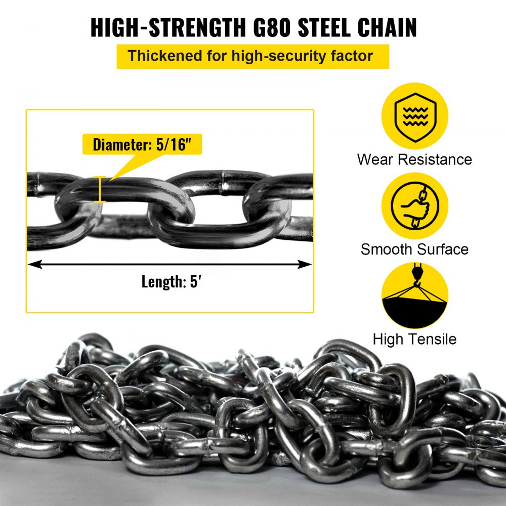5Ft Chain Sling 5/16 Inch X 5 Ft Engine Lift Chain G80 Alloy Steel Engine Chain Hoist Lifts 3 Ton with 4 Leg Grab Hooks
