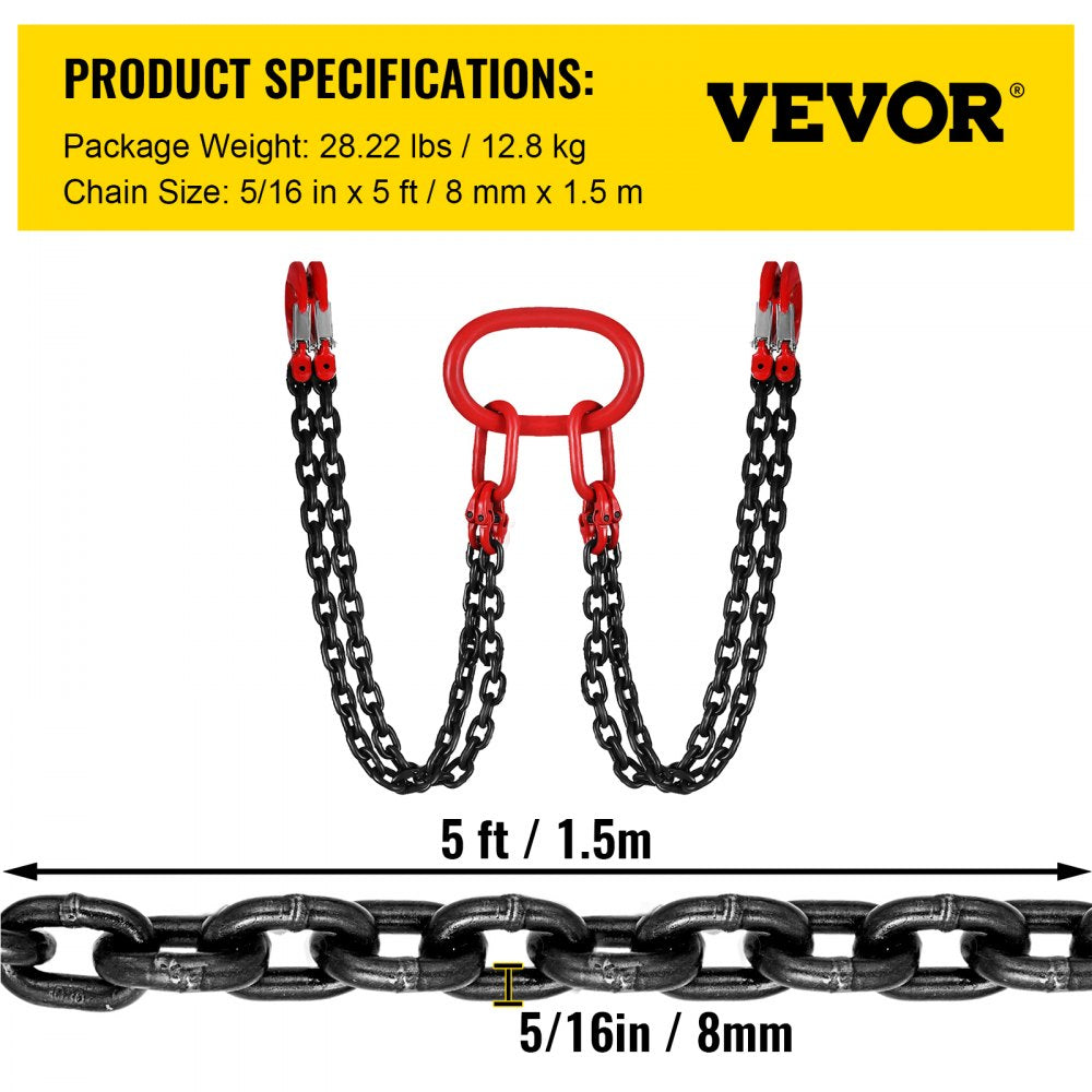 5Ft Chain Sling 5/16 Inch X 5 Ft Engine Lift Chain G80 Alloy Steel Engine Chain Hoist Lifts 3 Ton with 4 Leg Grab Hooks