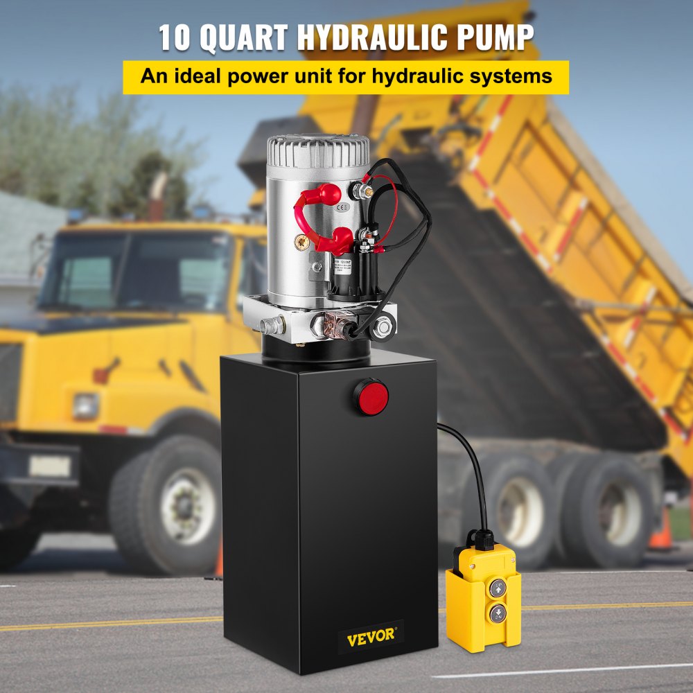 Bostome 12V DC hydraulic pump with 10-quart reservoir and remote control for lifting systems.