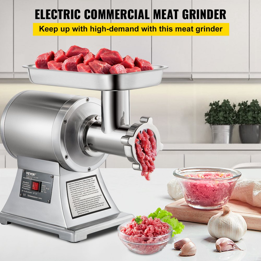 Commercial Meat Grinder,550LB/h 1100W Electric Meat Grinder, 220 RPM Heavy Duty Stainless Steel Industrial Meat Mincer w/2 Blades, Grinding Plates & Stuffing Tubes