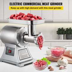 Commercial Meat Grinder,550LB/h 1100W Electric Meat Grinder, 220 RPM Heavy Duty Stainless Steel Industrial Meat Mincer w/2 Blades, Grinding Plates & Stuffing Tubes