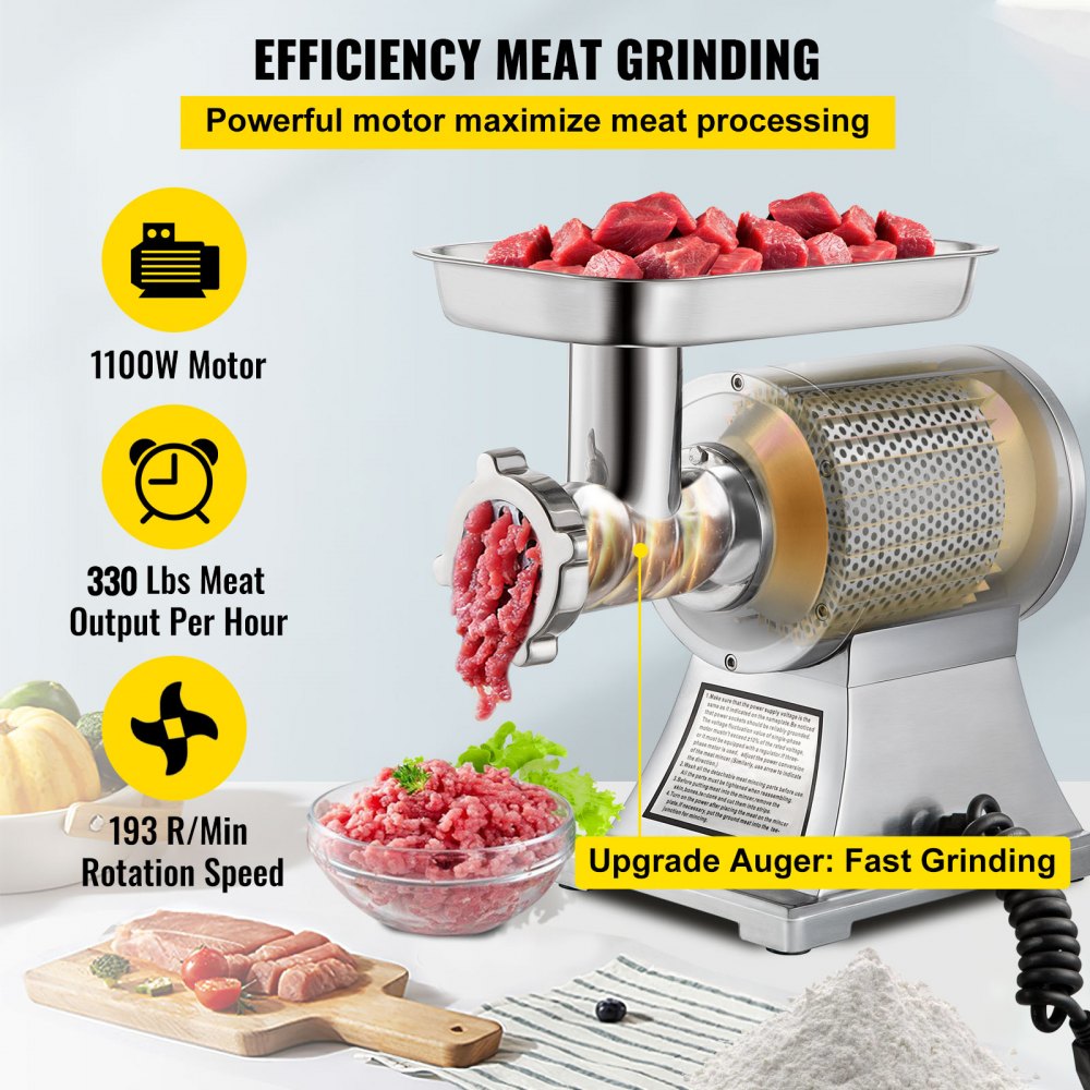 Commercial Meat Grinder,550LB/h 1100W Electric Meat Grinder, 220 RPM Heavy Duty Stainless Steel Industrial Meat Mincer w/2 Blades, Grinding Plates & Stuffing Tubes
