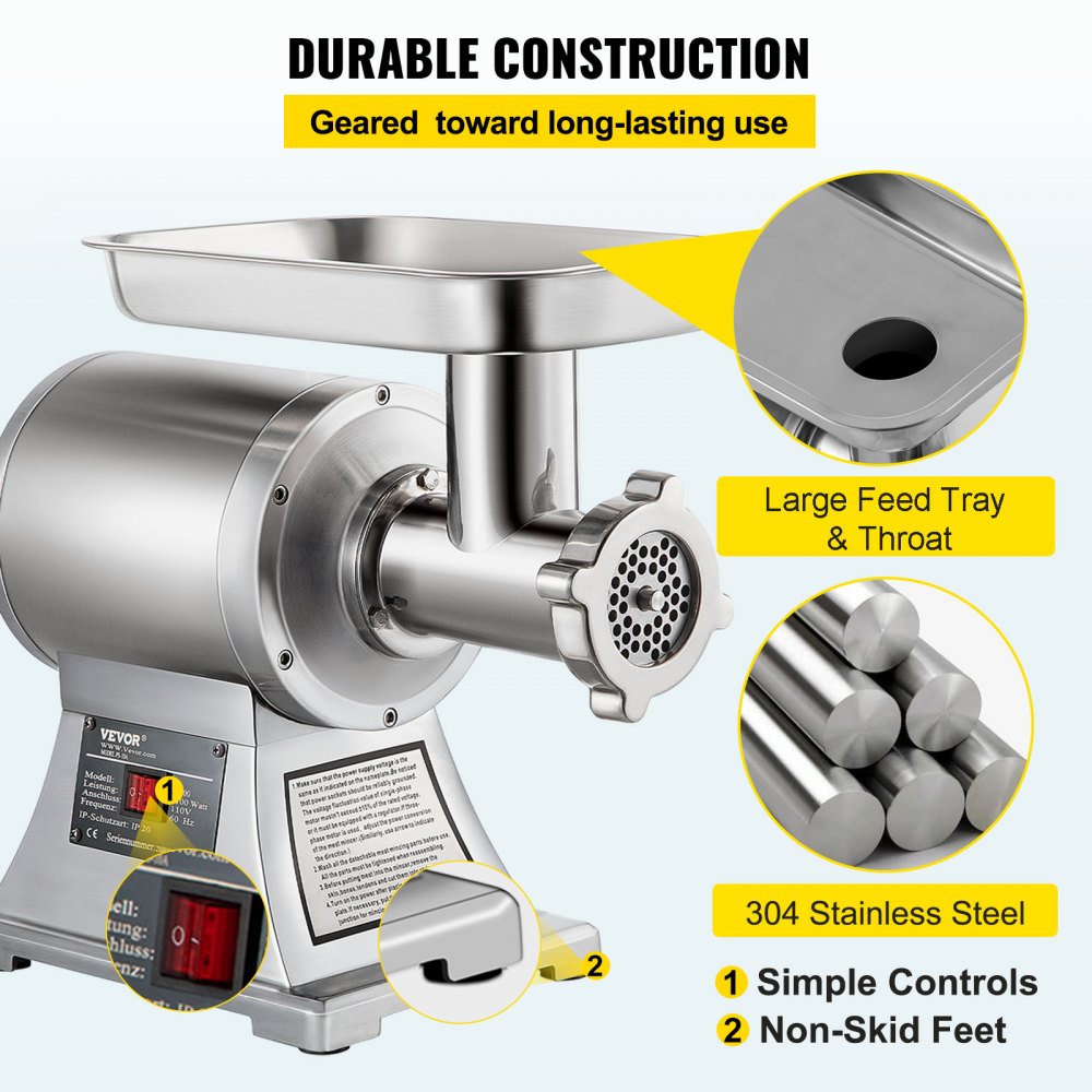 Commercial Meat Grinder,550LB/h 1100W Electric Meat Grinder, 220 RPM Heavy Duty Stainless Steel Industrial Meat Mincer w/2 Blades, Grinding Plates & Stuffing Tubes