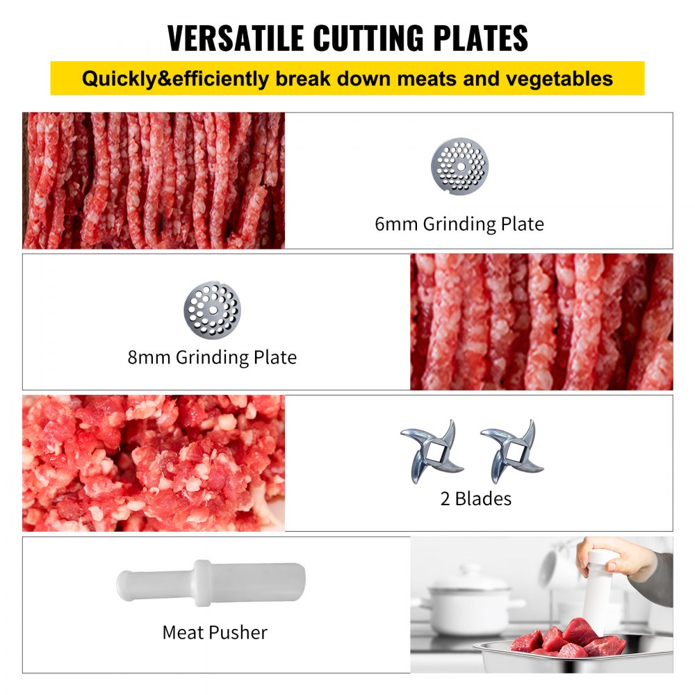 Commercial Meat Grinder,550LB/h 1100W Electric Meat Grinder, 220 RPM Heavy Duty Stainless Steel Industrial Meat Mincer w/2 Blades, Grinding Plates & Stuffing Tubes