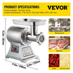 Commercial Meat Grinder,550LB/h 1100W Electric Meat Grinder, 220 RPM Heavy Duty Stainless Steel Industrial Meat Mincer w/2 Blades, Grinding Plates & Stuffing Tubes