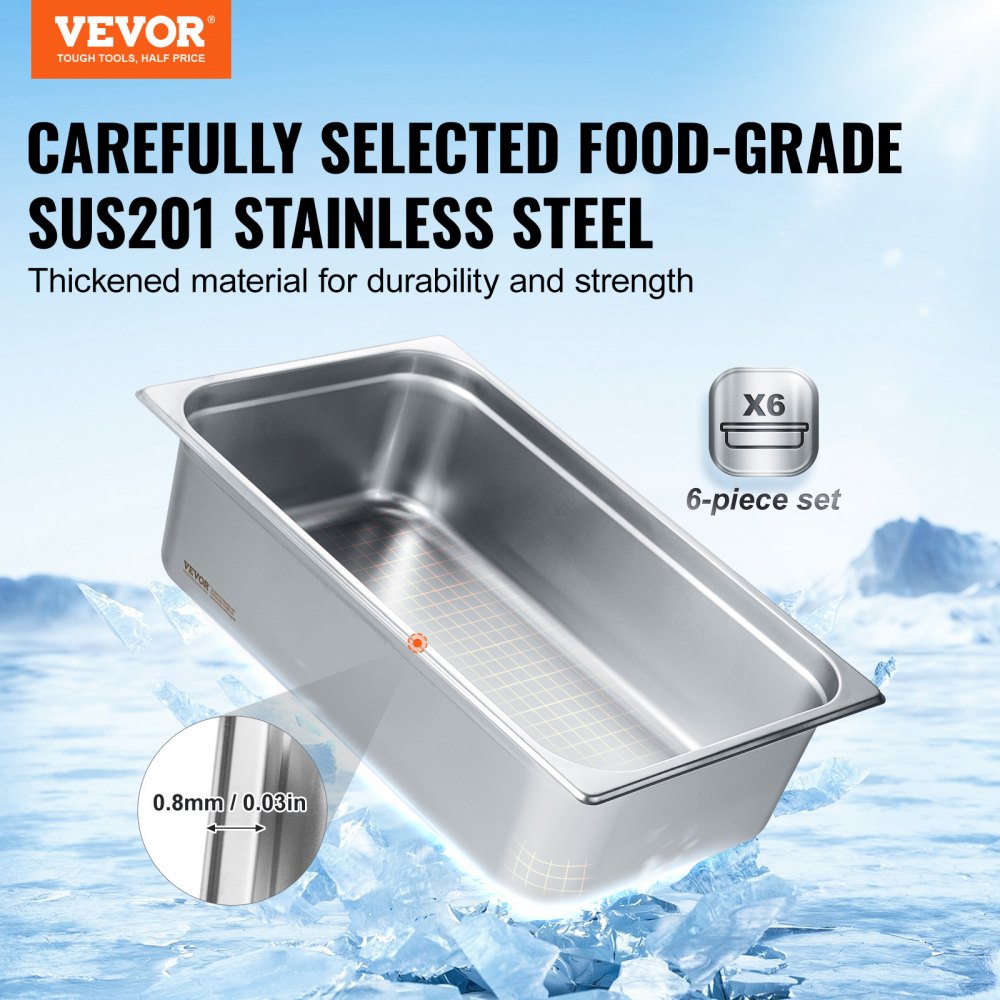 6 Pack Hotel Pans, Full Size Anti-Jam Steam Pan, 0.8mm Thick Stainless Steel Restaurant Steam Table Pan, 6-Inch Deep Commercial Table Pan, Catering Storage Food Pan, for Industrial & Scientific