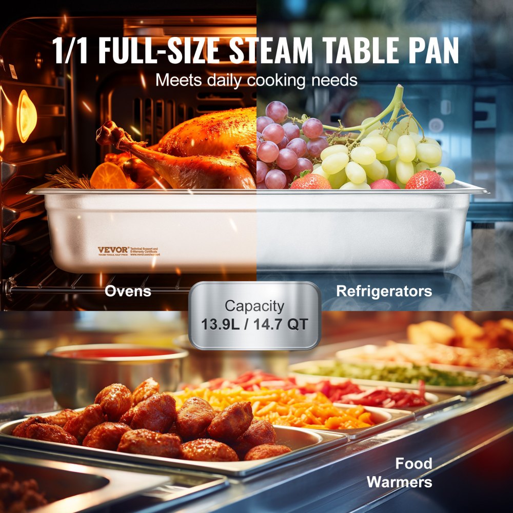 4 Pack Hotel Pans, Full Size Anti-Jam Steam Pan with Lid, 0.8mm Thick Stainless Steel Steam Table Pan, 4-Inch Deep Commercial Table Pan, Catering Storage Food Pan, for Industrial & Scientific