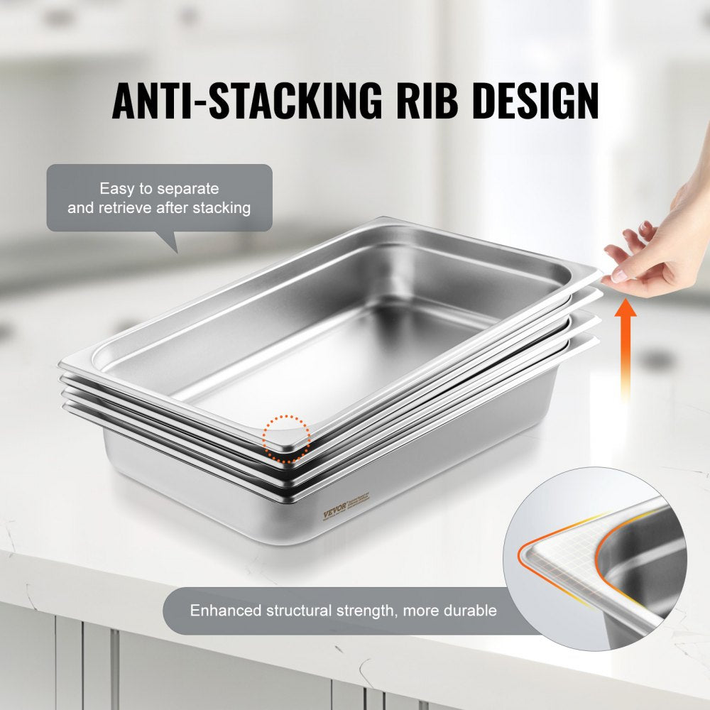 4 Pack Hotel Pans, Full Size Anti-Jam Steam Pan with Lid, 0.8mm Thick Stainless Steel Steam Table Pan, 4-Inch Deep Commercial Table Pan, Catering Storage Food Pan, for Industrial & Scientific