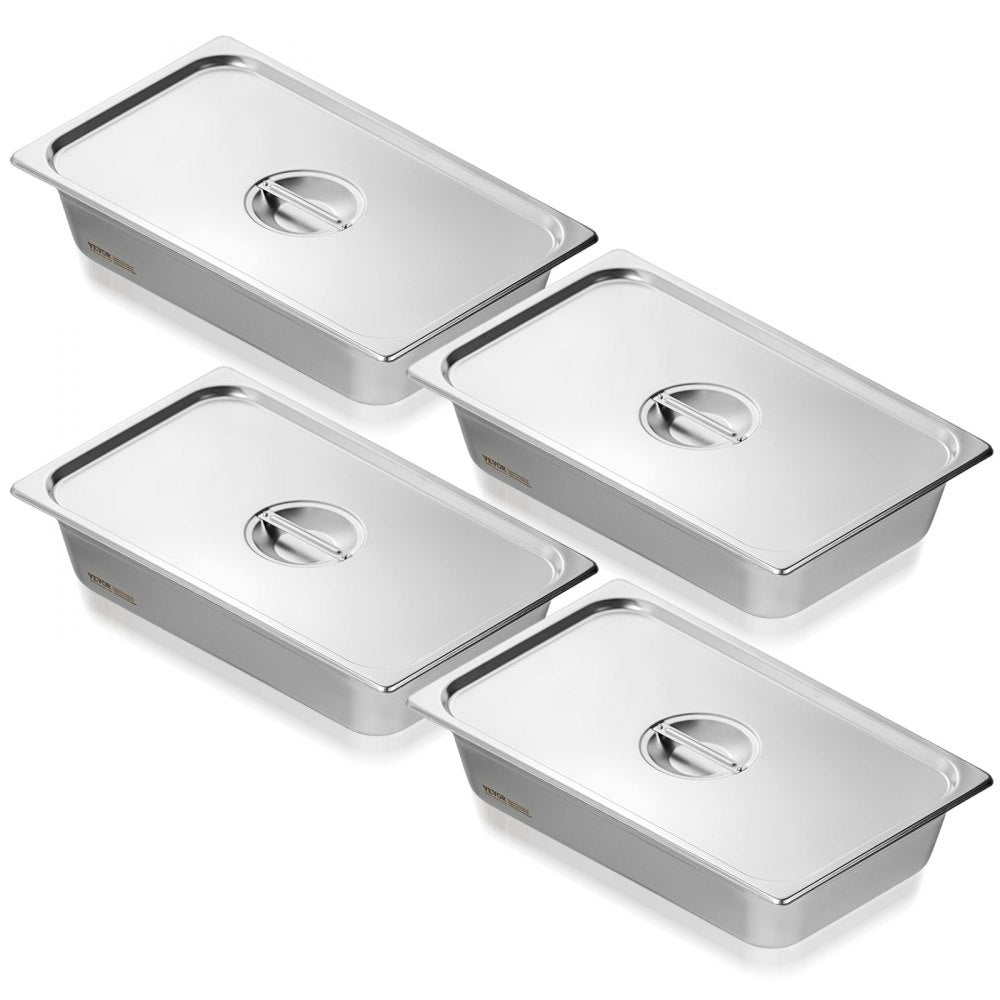 4 Pack Hotel Pans, Full Size Anti-Jam Steam Pan with Lid, 0.8mm Thick Stainless Steel Steam Table Pan, 4-Inch Deep Commercial Table Pan, Catering Storage Food Pan, for Industrial & Scientific