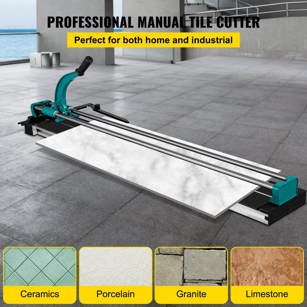 Manual tile cutter with laser guide and tungsten carbide wheel for precise tile cuts.