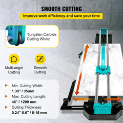 Manual tile cutter with laser guide and tungsten carbide wheel for precise tile cuts.