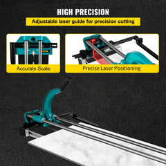 Manual tile cutter with laser guide and tungsten carbide wheel for precise cuts.