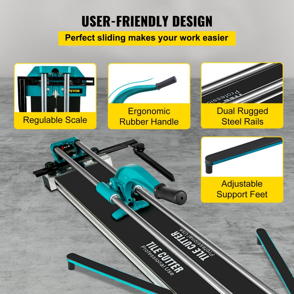 Manual tile cutter with laser guide and tungsten carbide wheel for precise cuts.