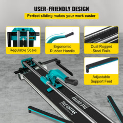 Manual tile cutter with laser guide and tungsten carbide wheel for precise cuts.