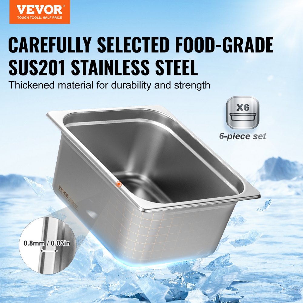 6 Pack Hotel Pans, 1/2 Size Anti-Jam Steam Pan, 0.8mm Thick Stainless Steel Restaurant Steam Table Pan, 6-Inch Deep Commercial Table Pan, Catering Storage Food Pan, for Industrial & Scientific