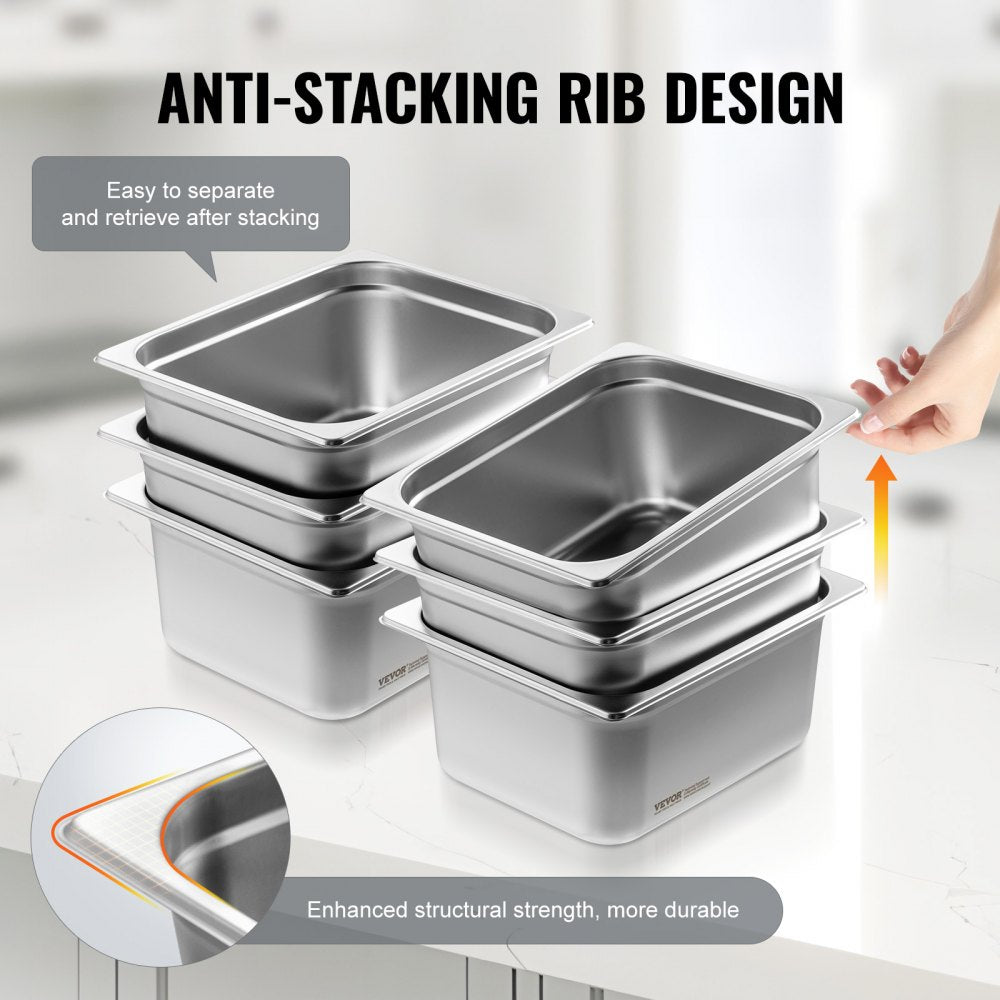 6 Pack Hotel Pans, 1/2 Size Anti-Jam Steam Pan, 0.8mm Thick Stainless Steel Restaurant Steam Table Pan, 6-Inch Deep Commercial Table Pan, Catering Storage Food Pan, for Industrial & Scientific