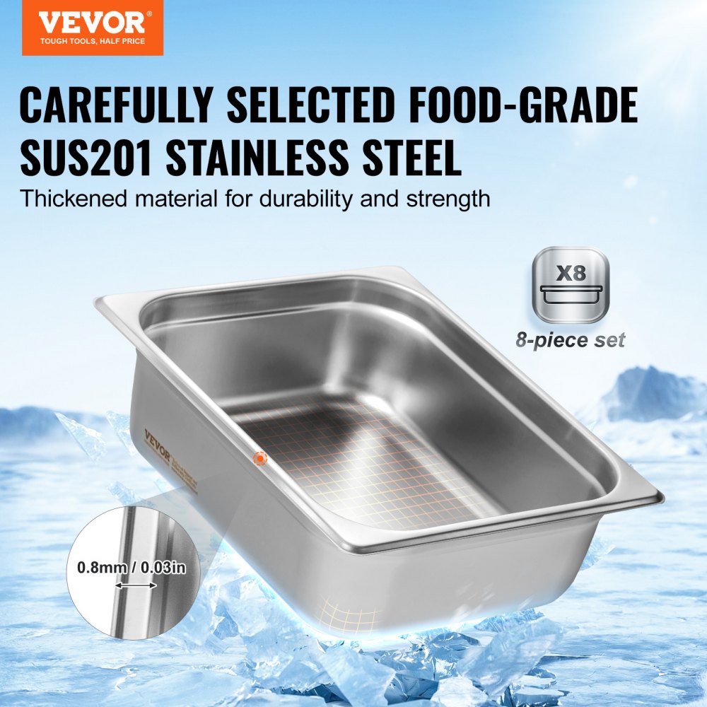 8 Pack Hotel Pans, 1/2 Size Anti-Jam Steam Pan with Lid, 0.8mm Thick Stainless Steel Steam Table Pan, 4-Inch Deep Commercial Table Pan, Catering Storage Food Pan, for Industrial & Scientific